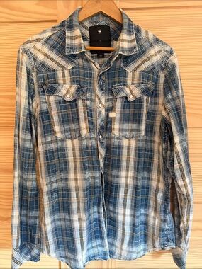 G-Star Blue and Cream Plaid Button-Down Shirt